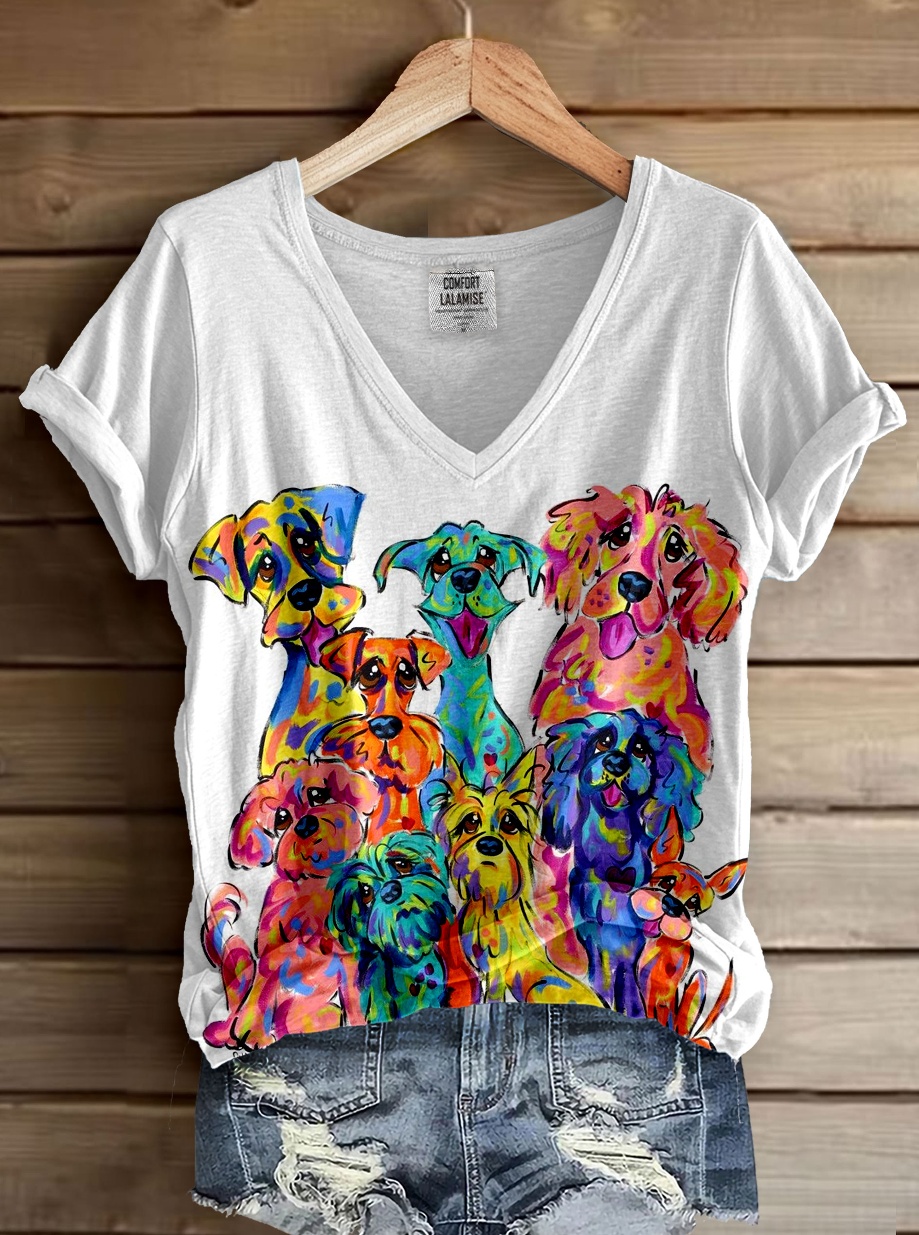 Cute Dogs Art Print V-neck Casual T-Shirt