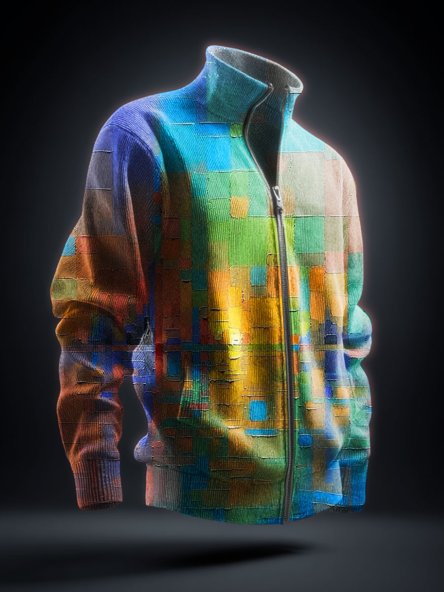 Geometric Art Print Knit Stand Collar Zip Up Sweater