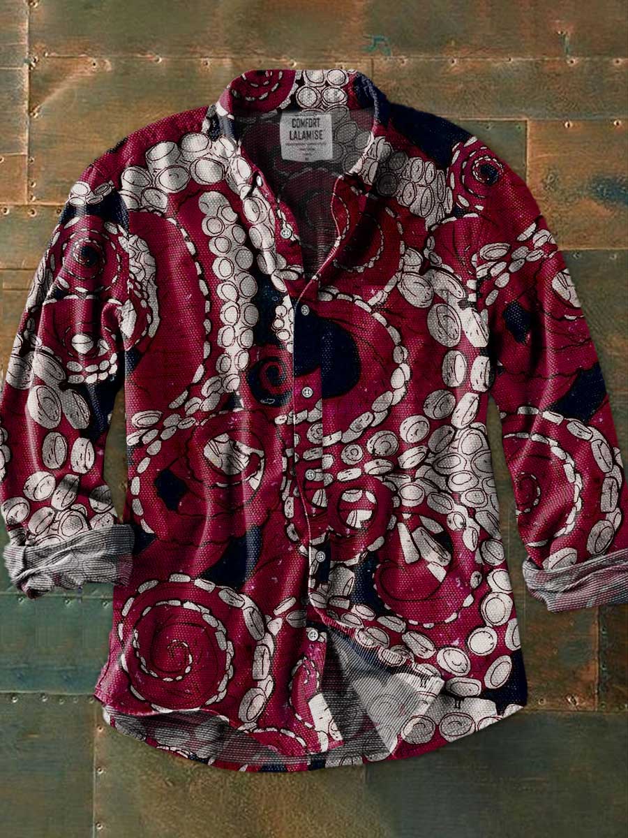 Vintage Octopus Art Print 100% Cotton Long Sleeve Shirt