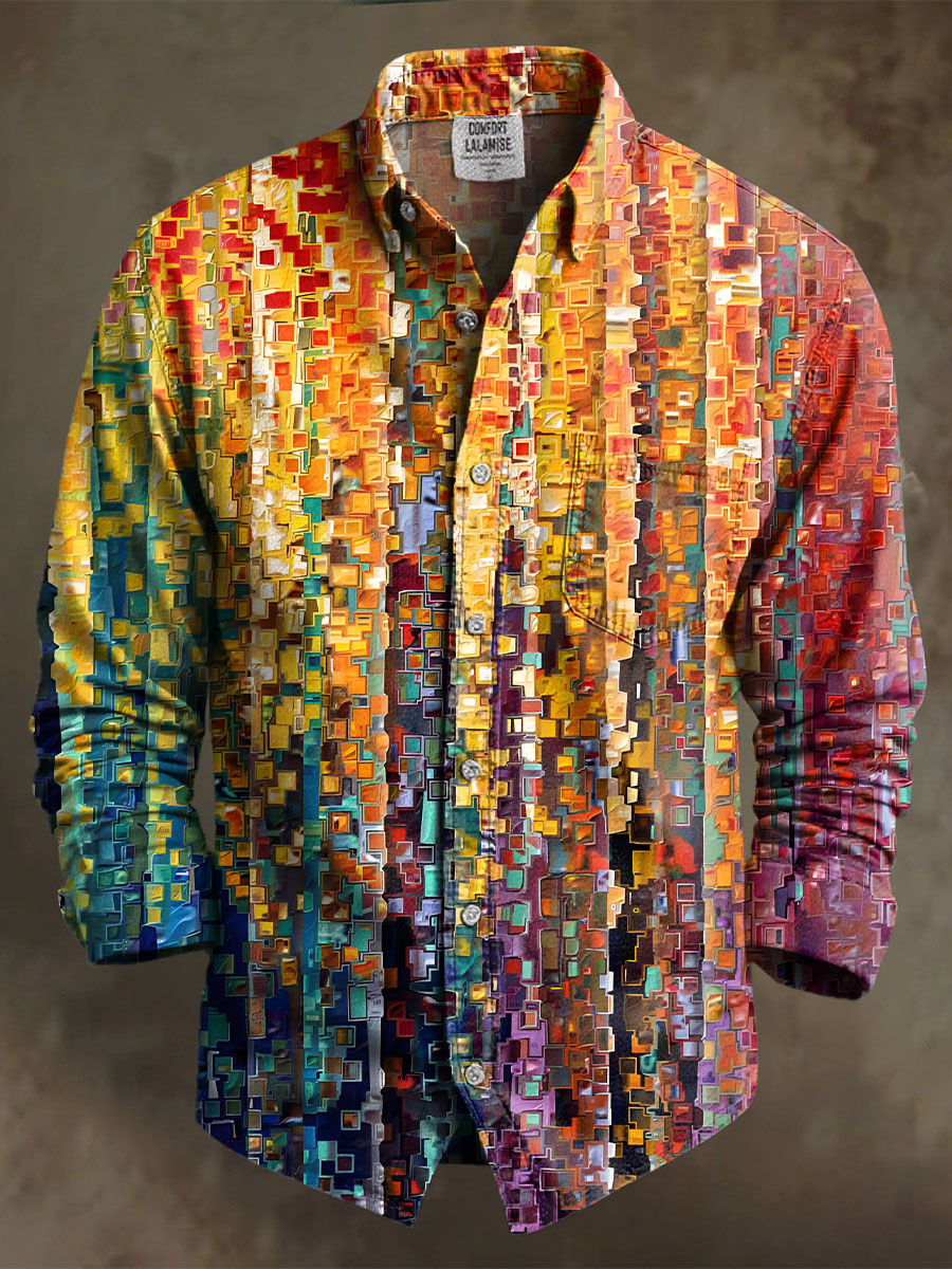 Vintage Multicolor Gradient Abstract Art Print 100% Cotton Long Sleeve Shirt