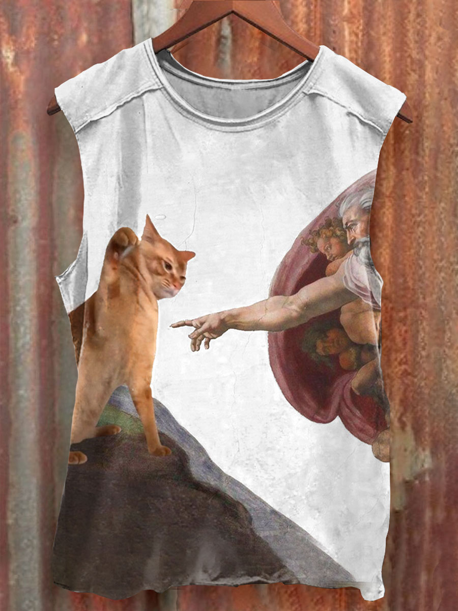 Vintage Funny Cat Art Print 100% Cotton Casual Tank Top