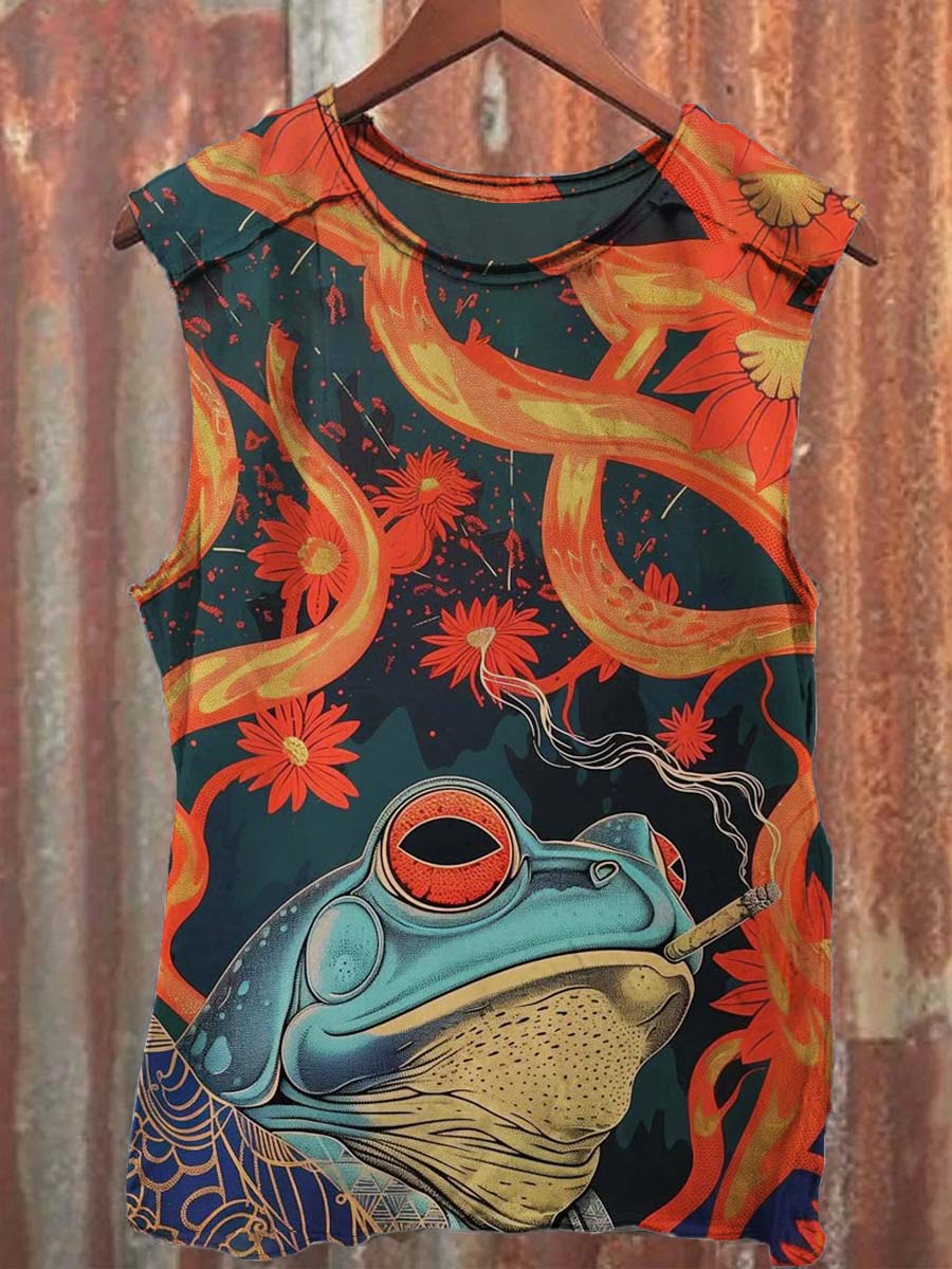 Vintage Floral Frog Print Casual Tank Top