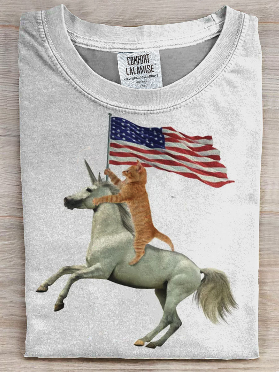 American Flag Cat Prints Casual T-shirt