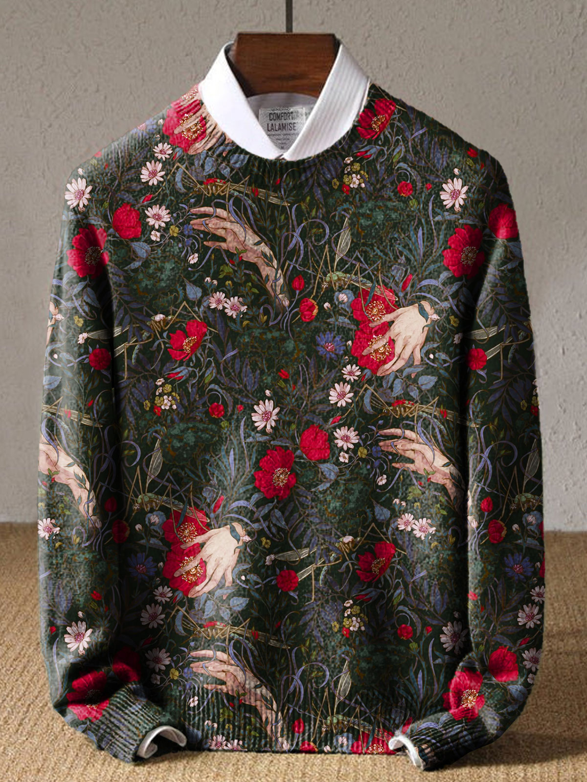 Hand palm and red flowers Art Print Knit Pullover Sweater