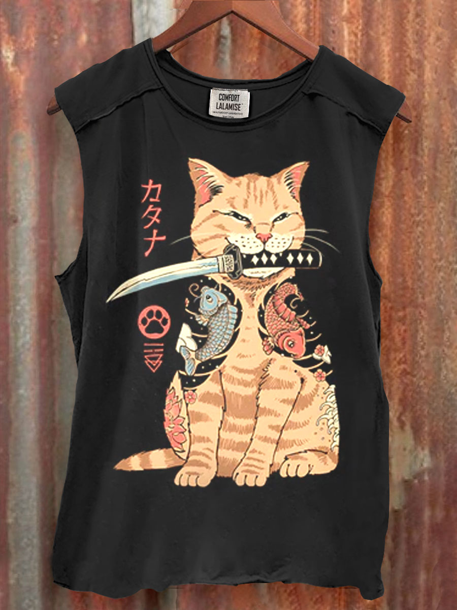Vintage Catana Print 100% Cotton Casual Tank Top