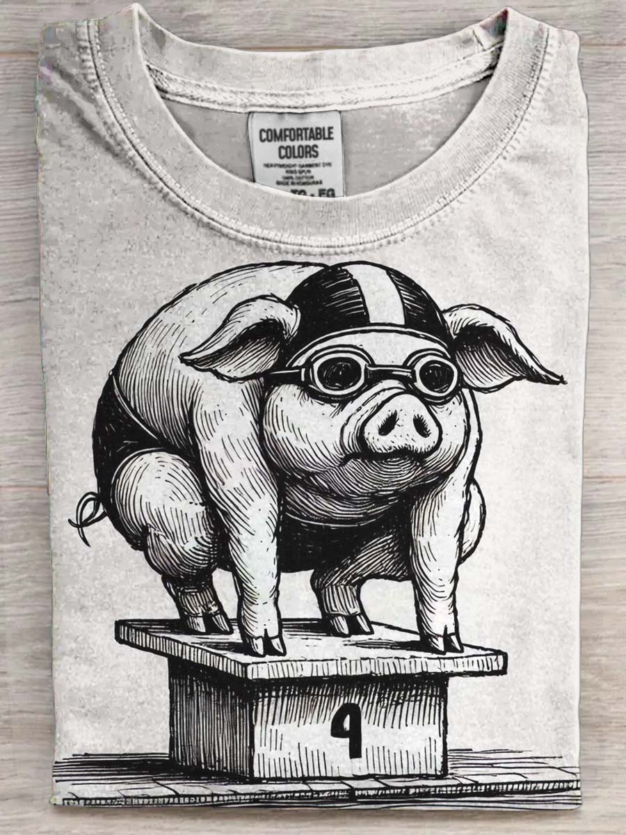 Funny Swimming Pig Print Casual Short Sleeve T-Shirt