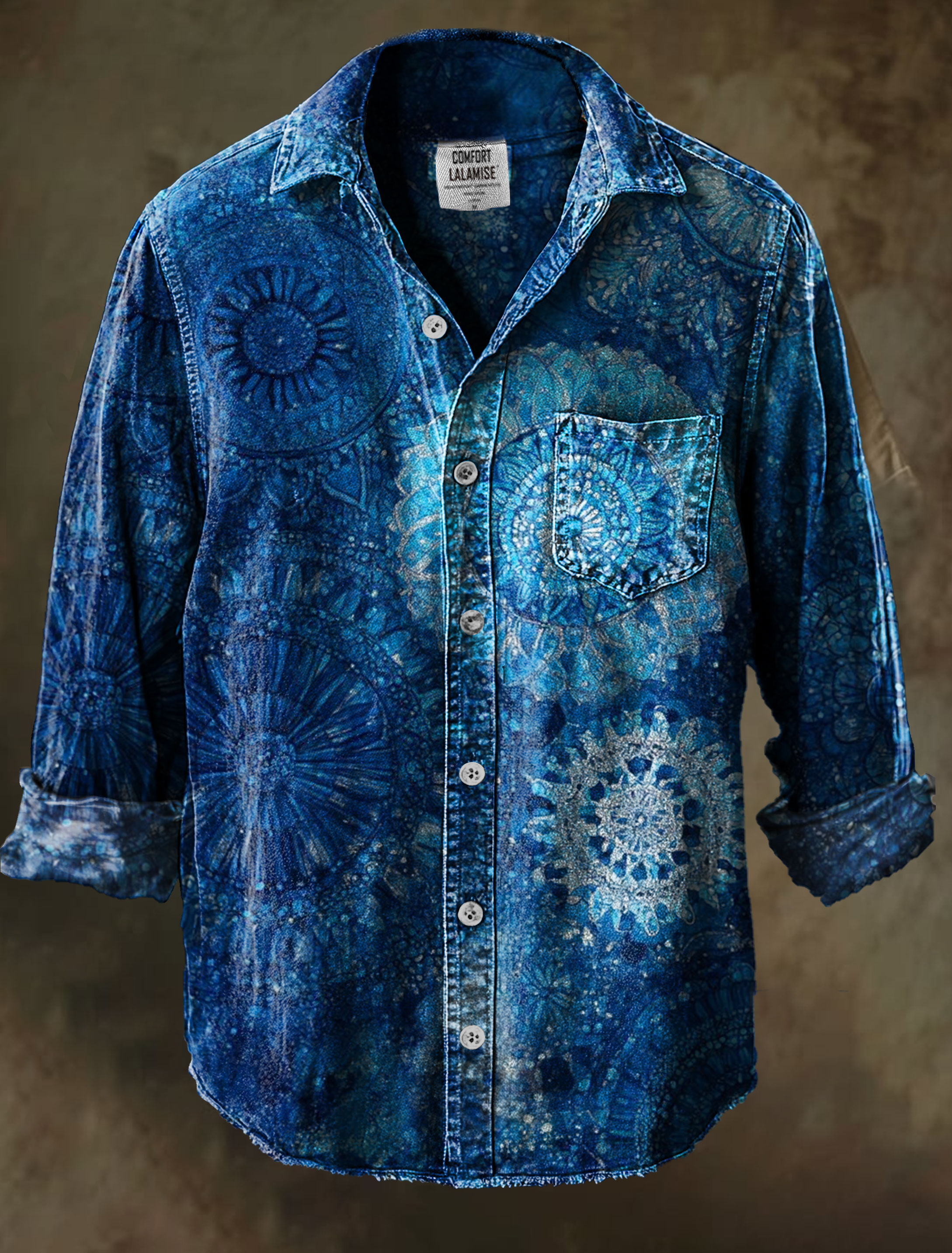 Vintage Blue Mandala  Art Print 100% Cotton Long Sleeve Shirt
