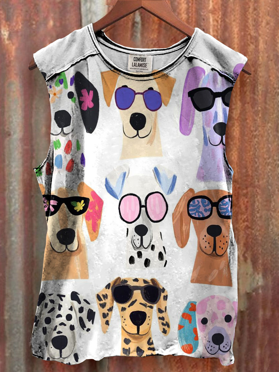 Fancy Sunglasses Greyhound Art Print 100% Cotton Casual Tank Top