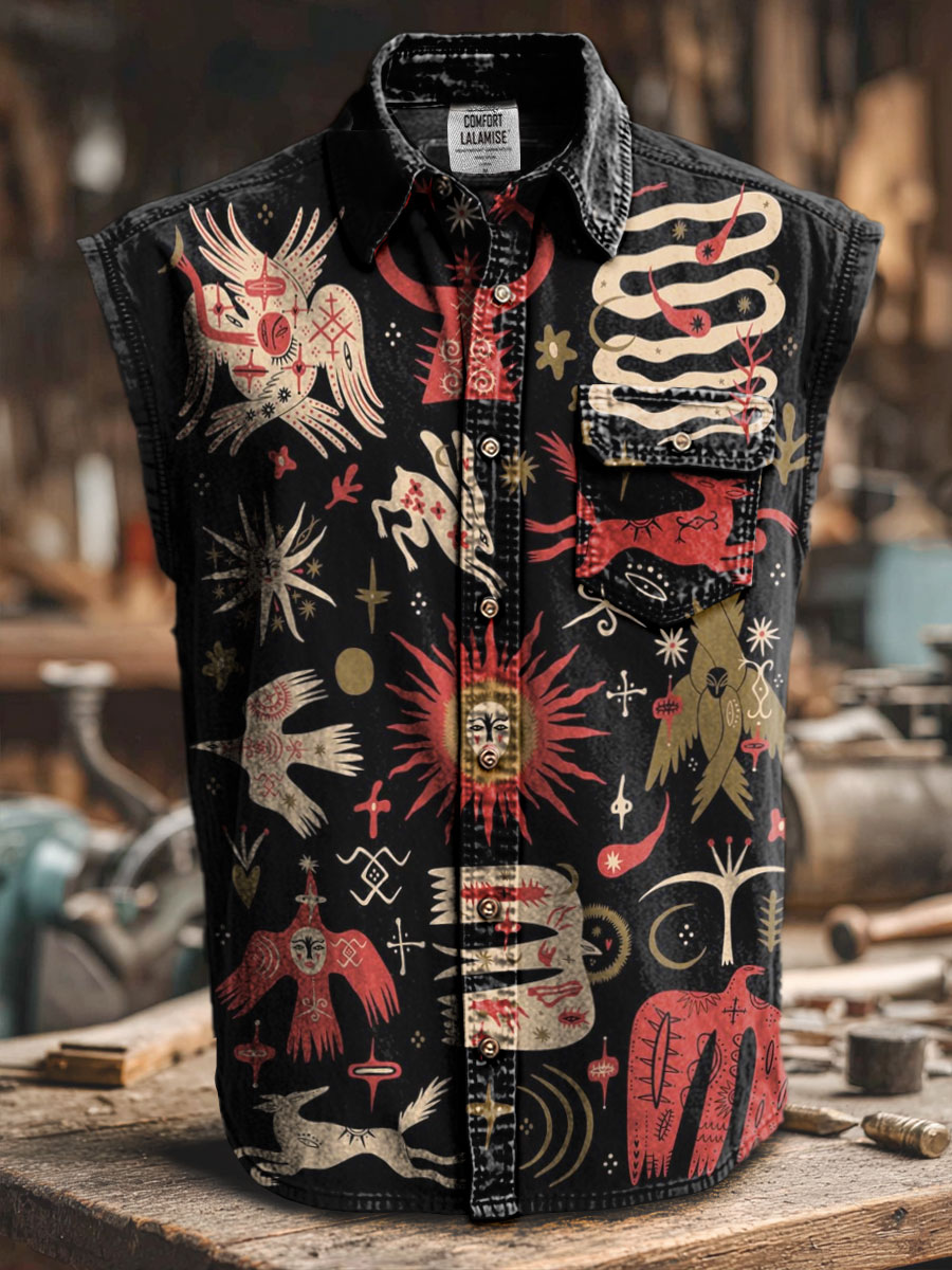 Vintage Art Print Casual 100% Cotton Sleeveless Lapel Shirt