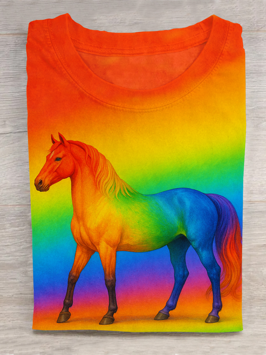 Rainbow Gradient Fun Horse Art Print Short Sleeve T-Shirt