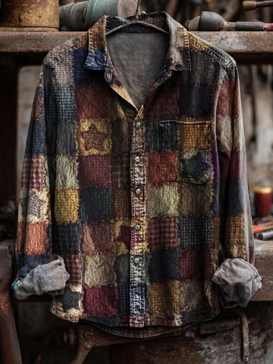 Vintage Patchwork Art Print 100% Cotton Long Sleeve Shirt