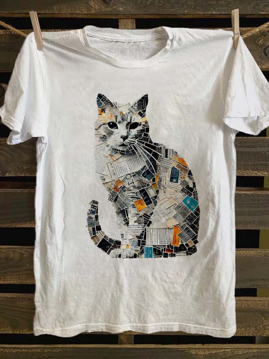 Pictorial Patchwork Cat Print Casual Short Sleeve T-Shirt