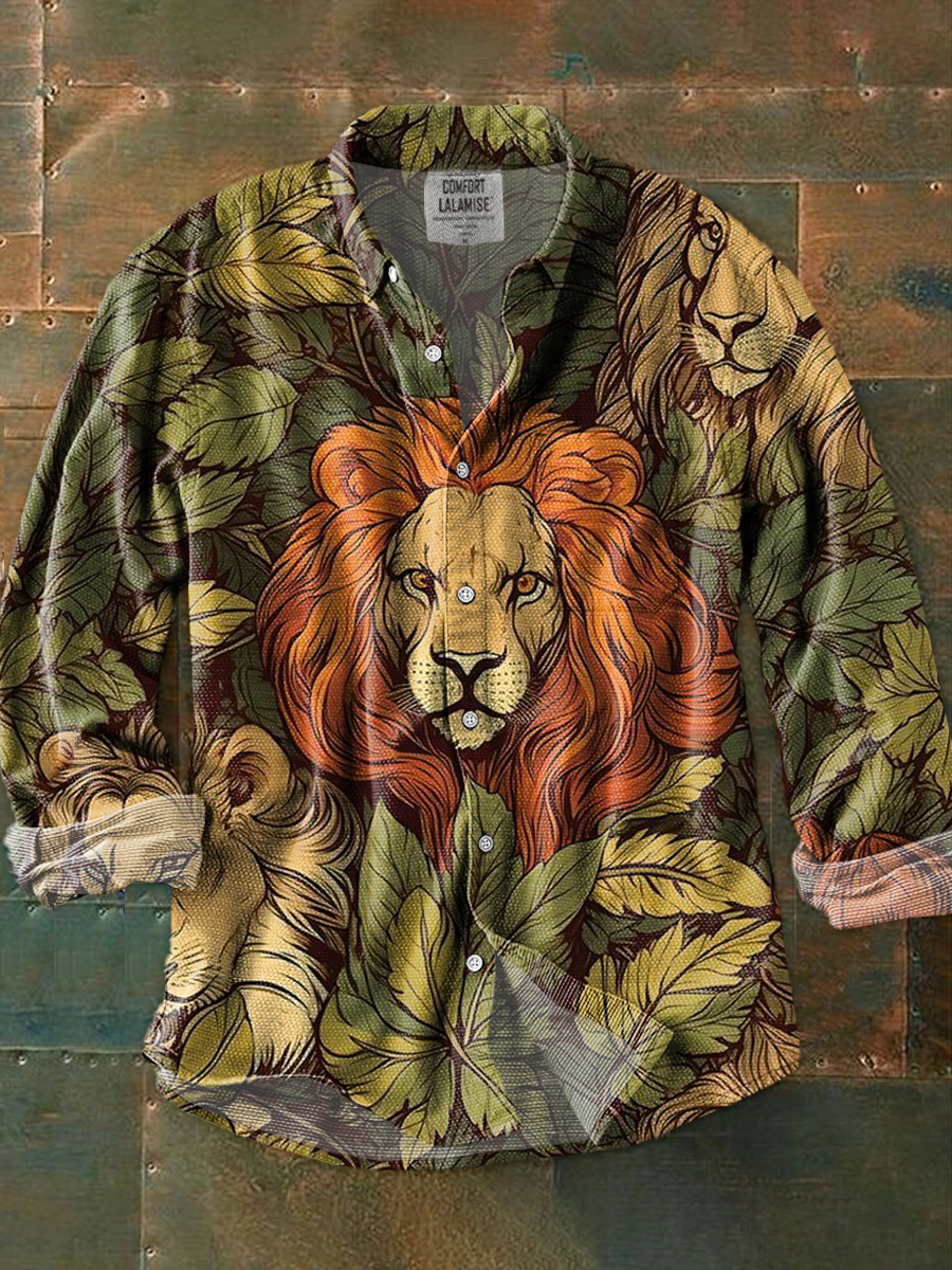 Retro Lion Art Print 100% Cotton Long Sleeve Shirt