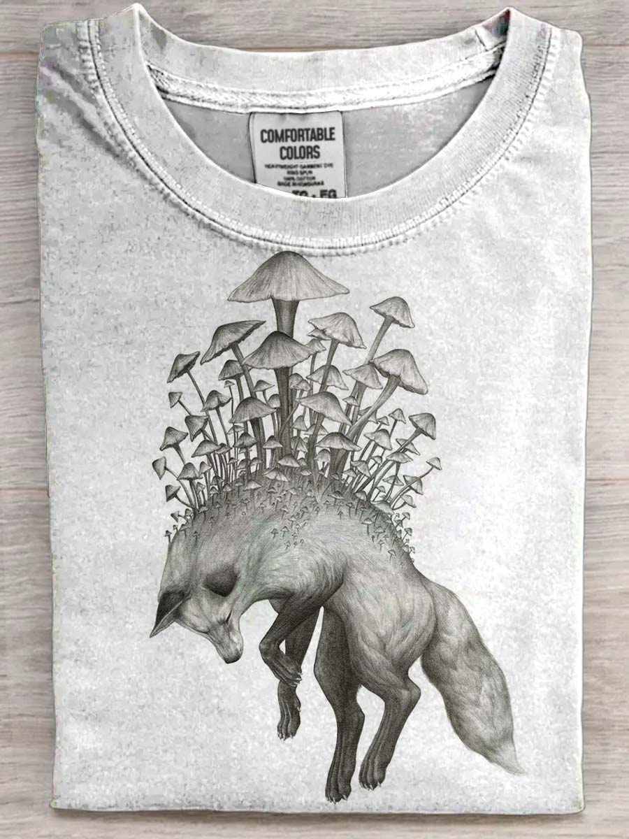 Funny Mushroom Fox Print Casual Short Sleeve T-Shirt
