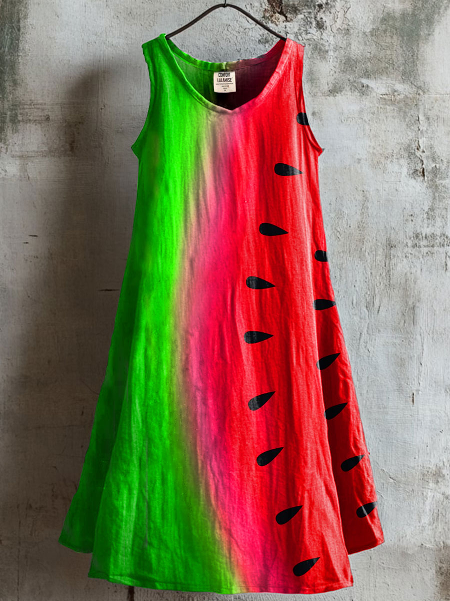 Women's Summer Cool Watermelon Art Print V-neck Pocket Cotton Dress