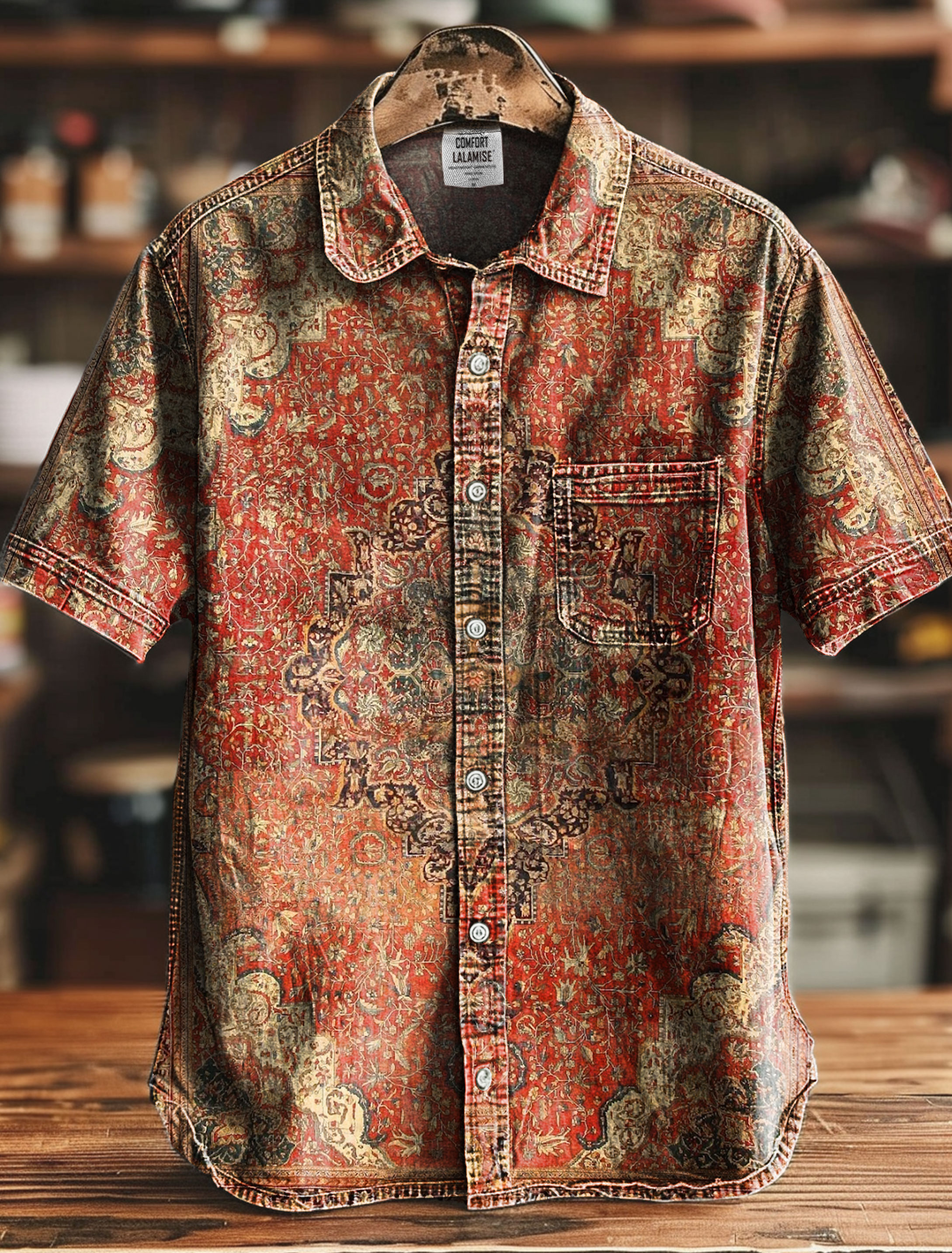 Retro Ethnic Geometric Rug Art Print Casual 100% Cotton Shirt