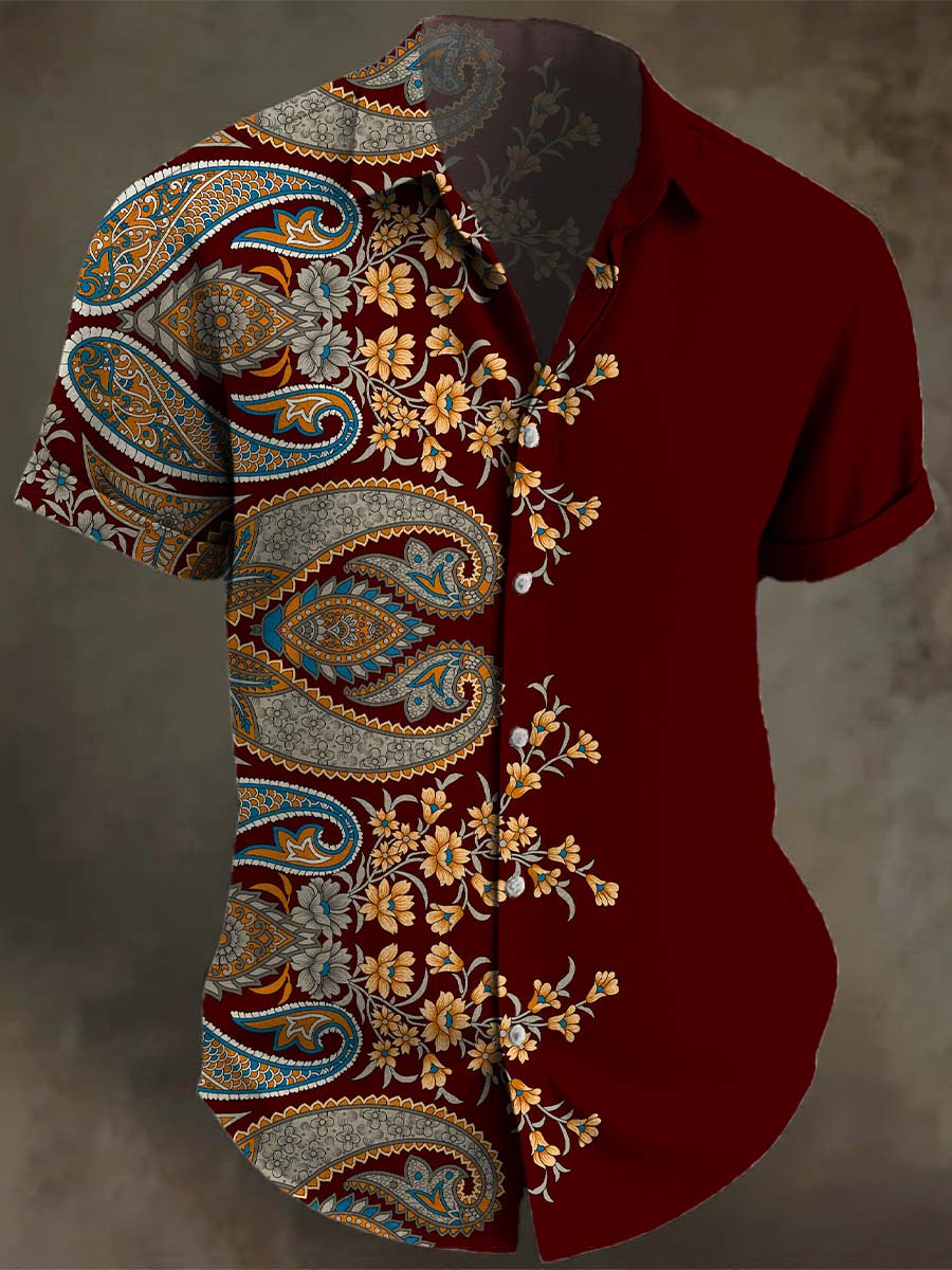 Vintage Red Paisley Floral Art Print Casual 100% Cotton Shirt