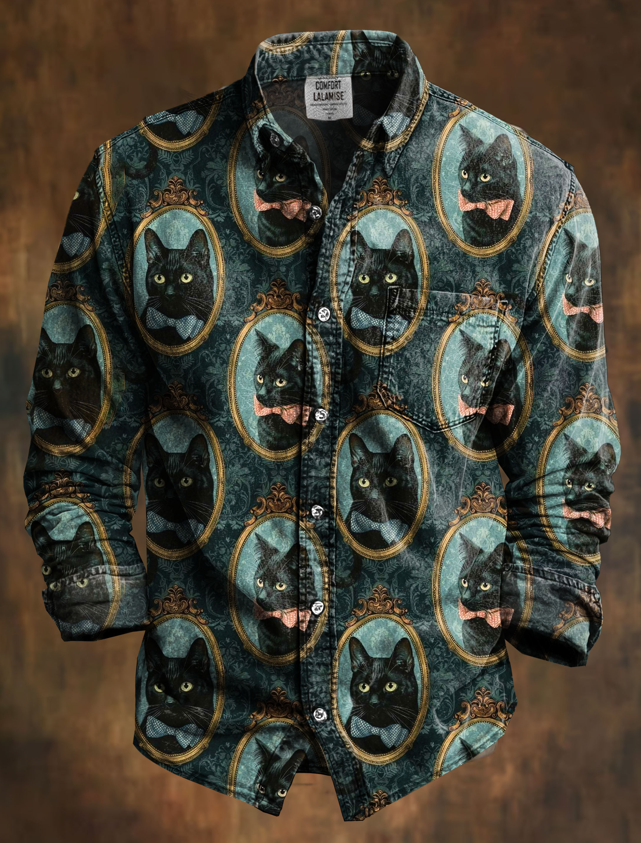 Vintage Black Cats Art Print 100% Cotton Long Sleeve Shirt