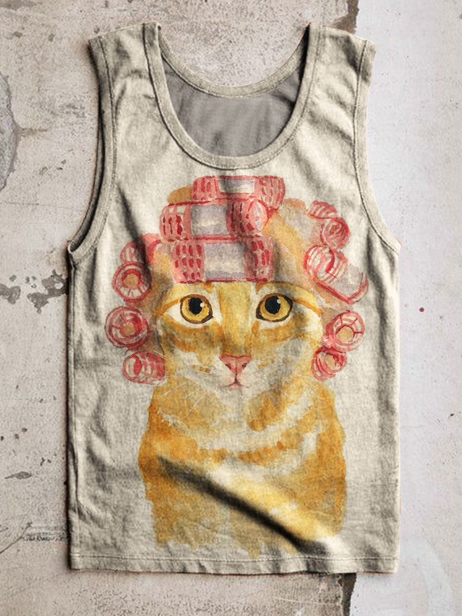 Vintage Cat Print 100% Cotton Casual Tank Top