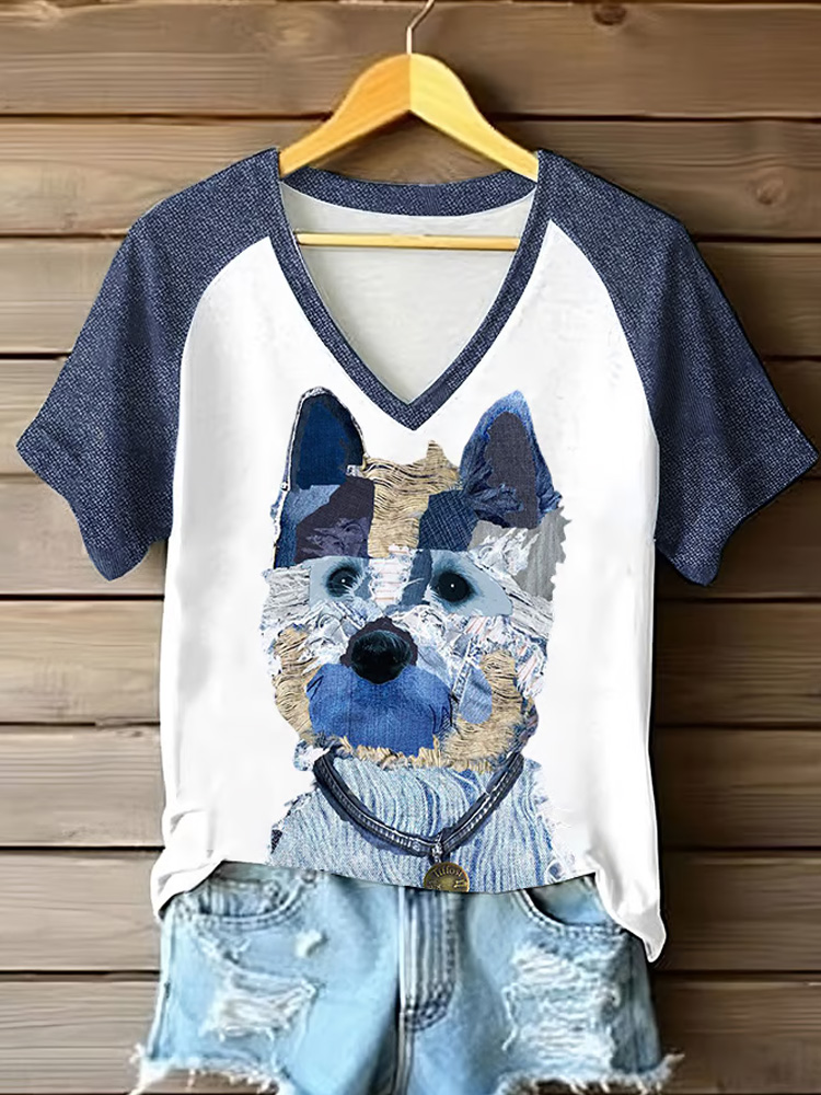 Women's Retro Funny Denim Patch Animal Dog Print Casual T-shirt