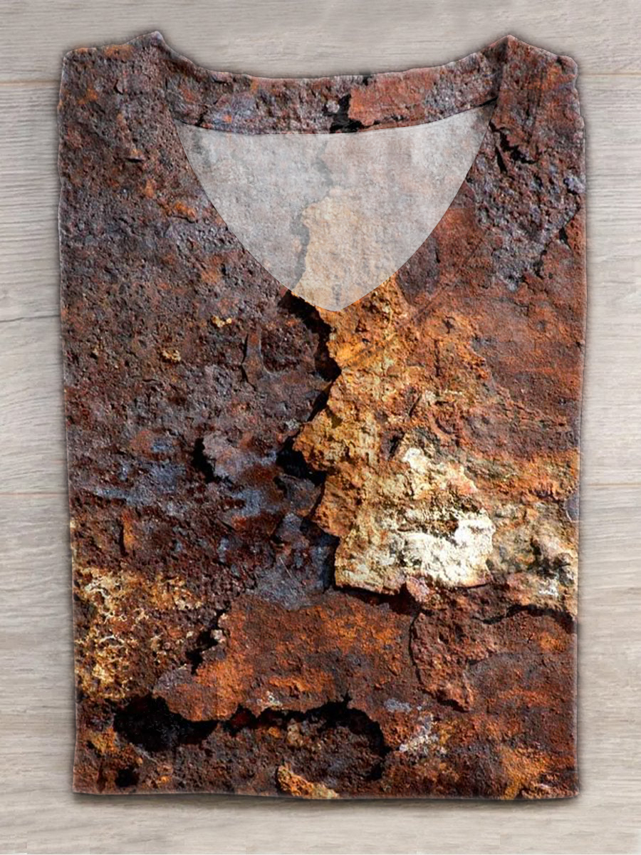 Unisex Retro Vintage Rust Print Casual V-Neck Short Sleeve T-Shirt