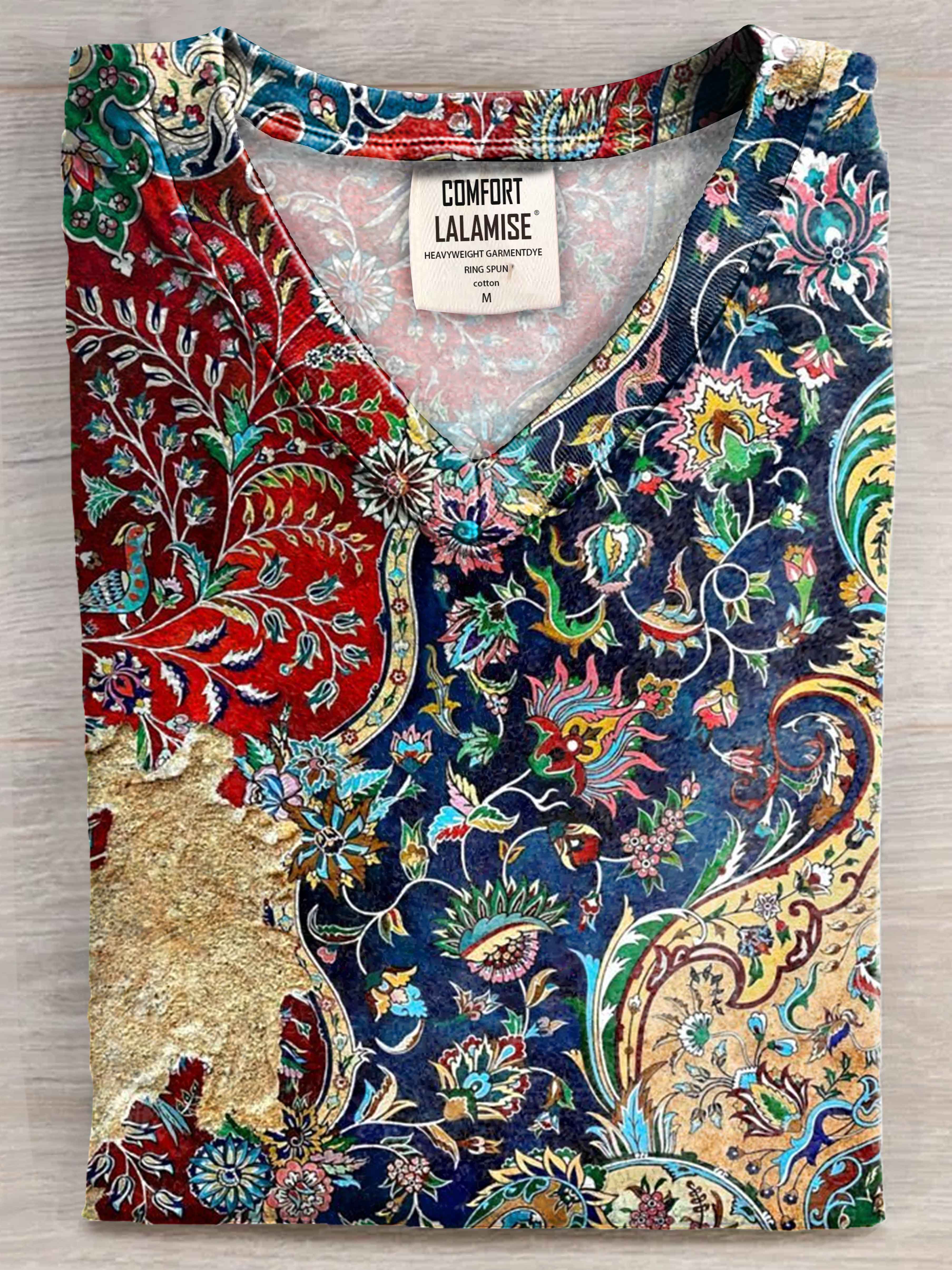 Vintage Ethnic Art Print V-neck Casual T-Shirt