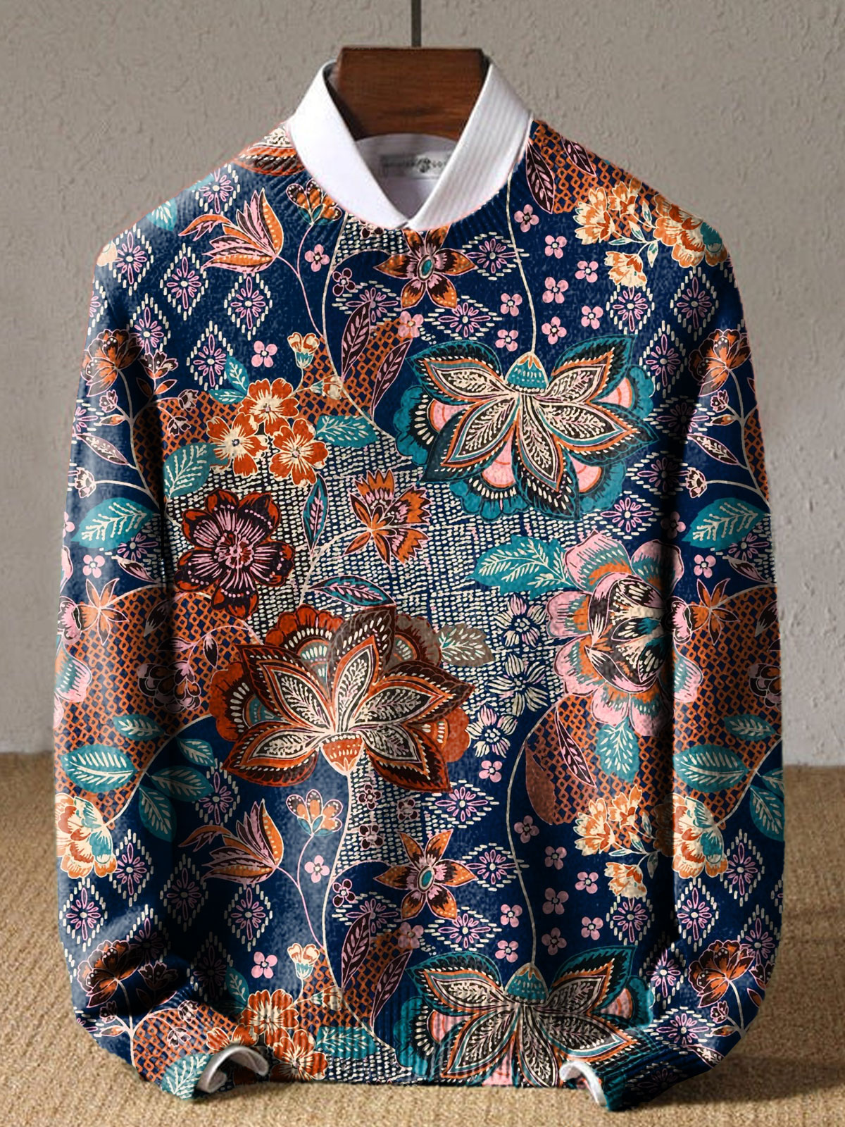 Vintage Ethinic Flower Art Print Knit Pullover Sweater