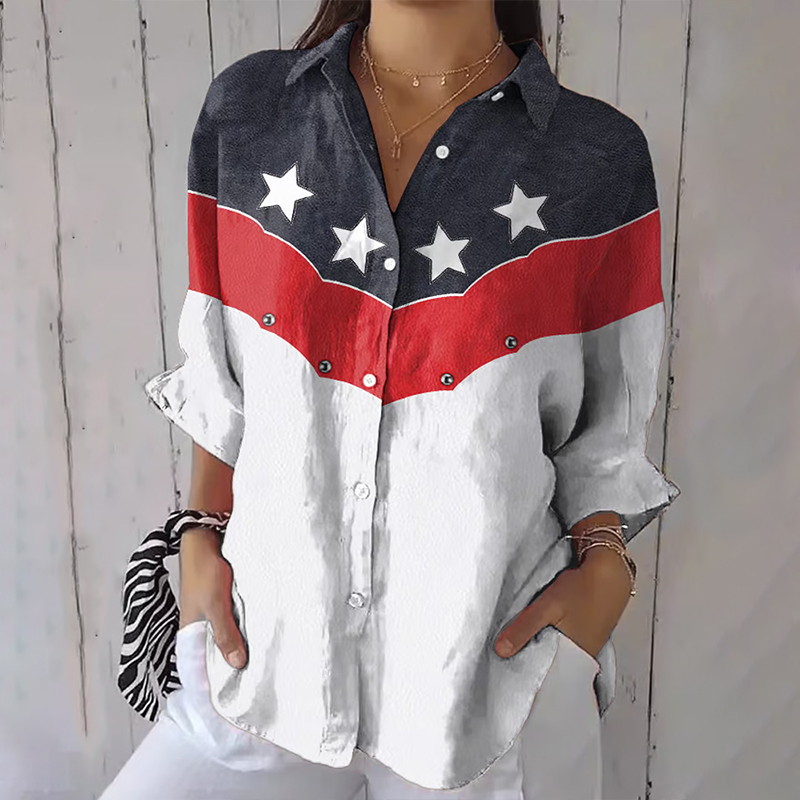 Women's Independence Day Floral Casual Lapel Shirt