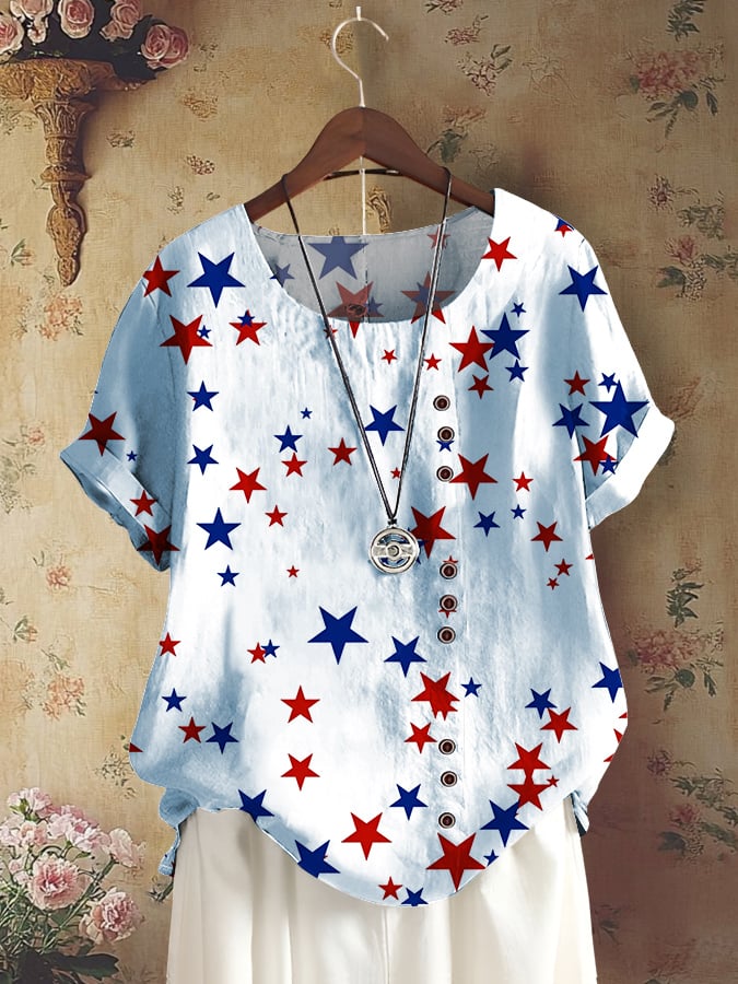 Women's Casual Cotton And Linen Independence Day Star Short-Sleeved Round Neck Shirt
