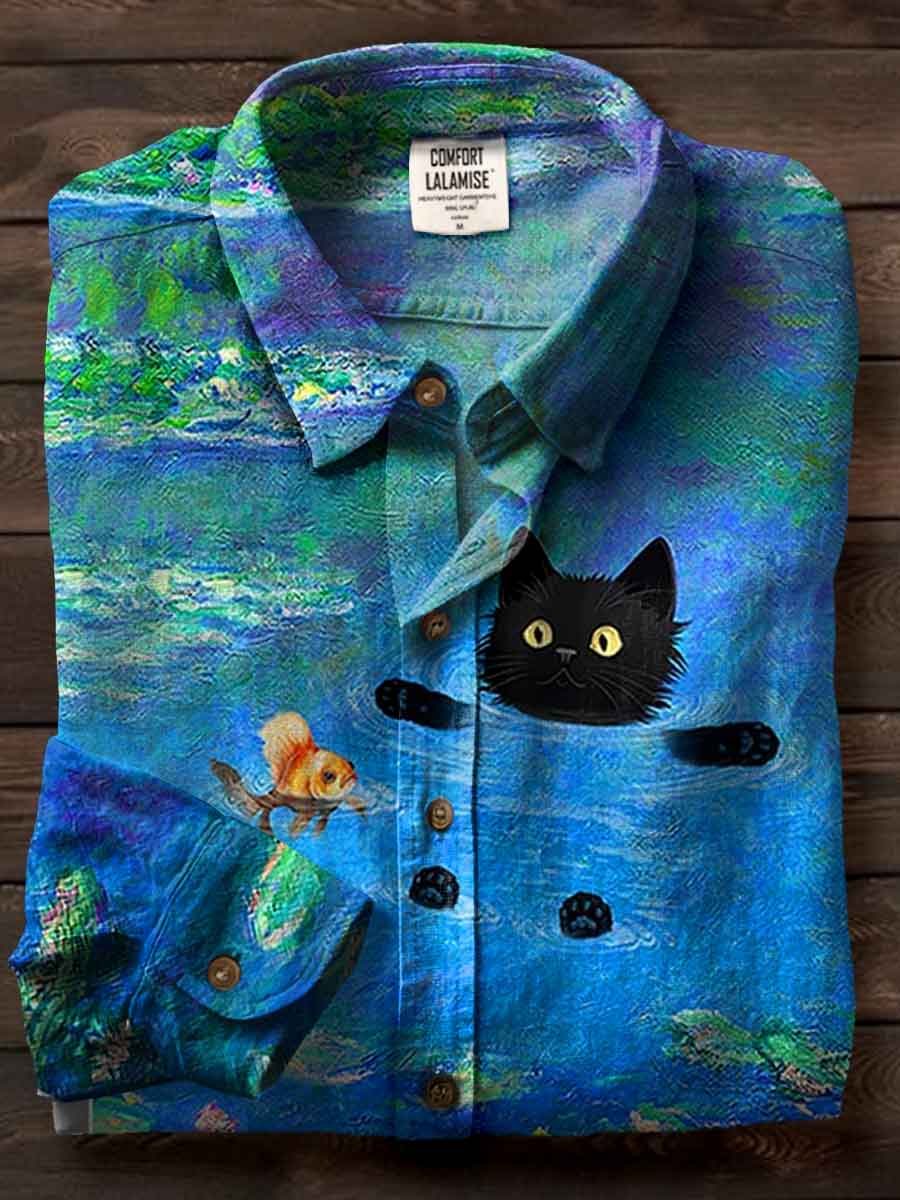 Funny Cat Art Print Casual Cotton Shirt