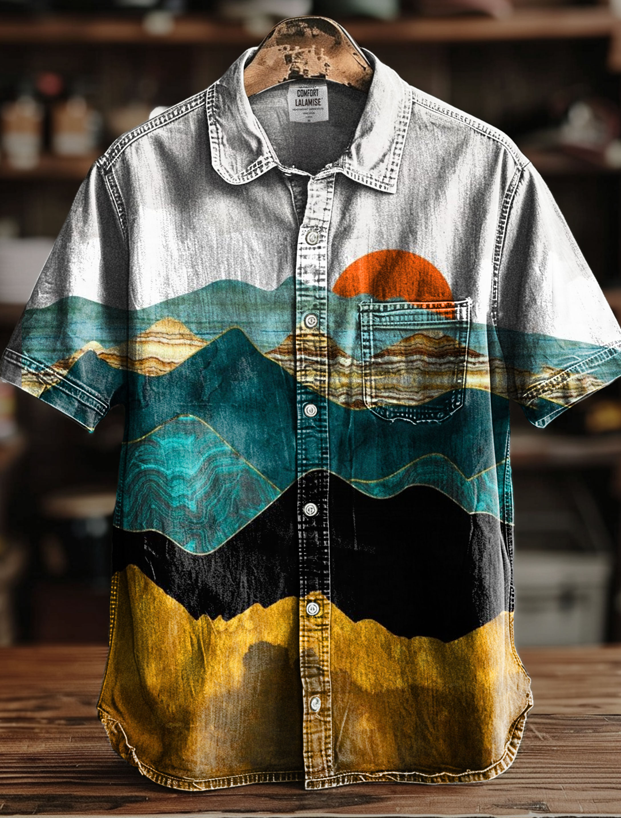 Abstrct Sun Rise Mountian Print Casual 100% Cotton Shirt