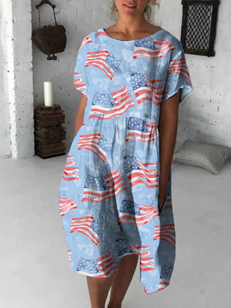 Independence Day Flag Print Loose Midi Dress