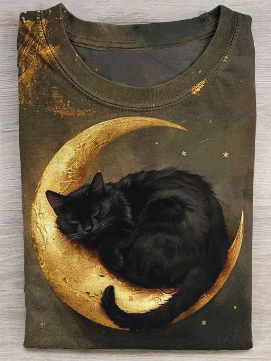 Cat Moon Print Casual T-shirt