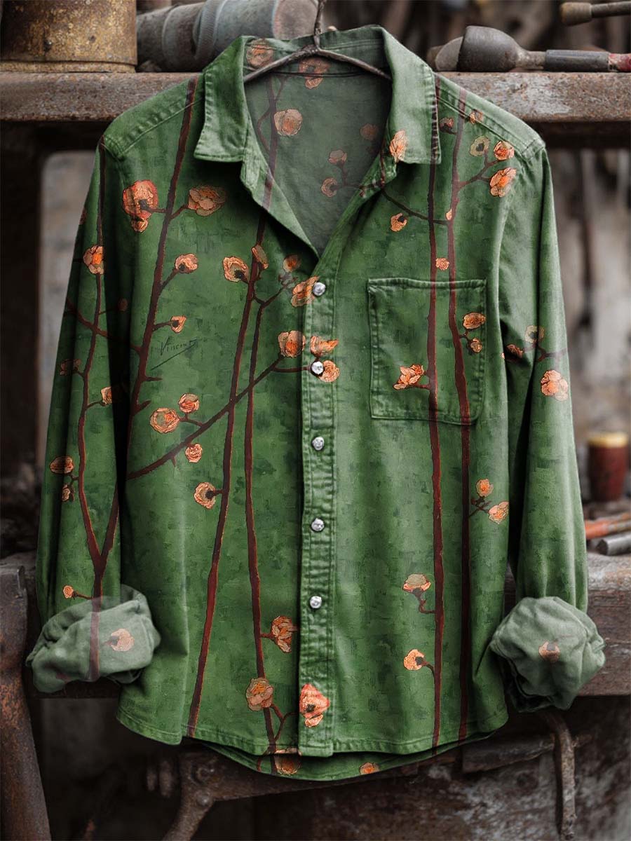 Retro Green Flower Branch Print 100% Cotton Long Sleeve Shirt