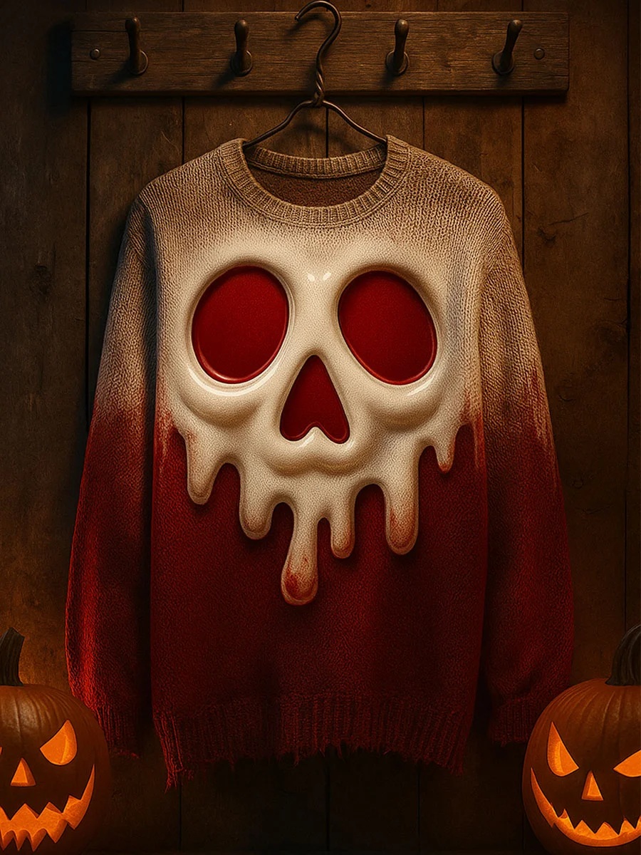 Red Vintage Halloween skull Art Print Knit Pullover Sweater