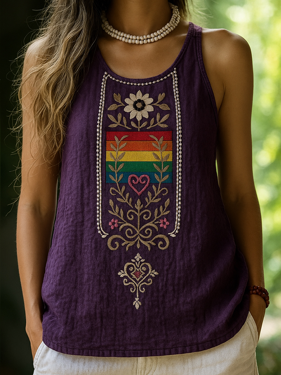 Rainbow Stripe Floral Art Print Casual Sleeveless Top