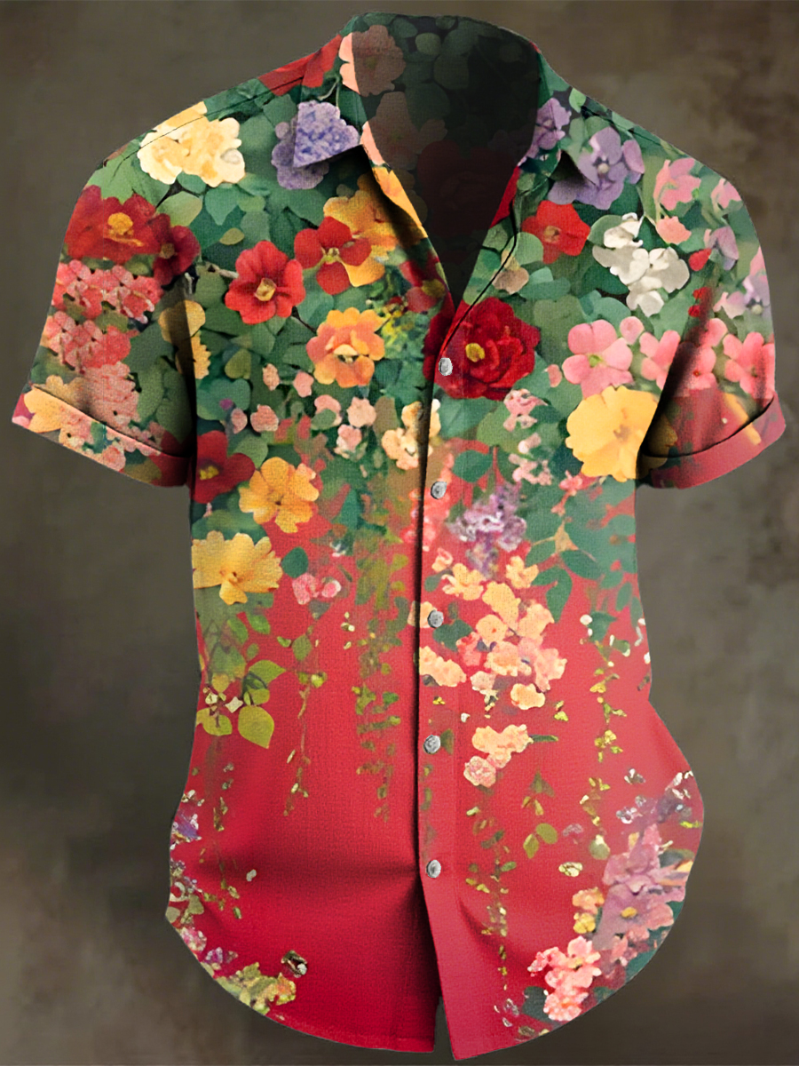 Vintage Multicolor Flowers Art Print Casual 100% Cotton Shirt