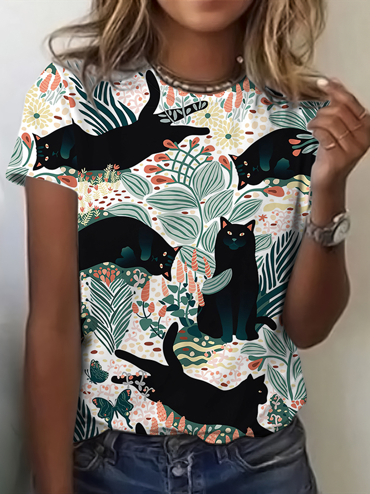 Women's Floral Cat Art Print Crew Neck T-shirt