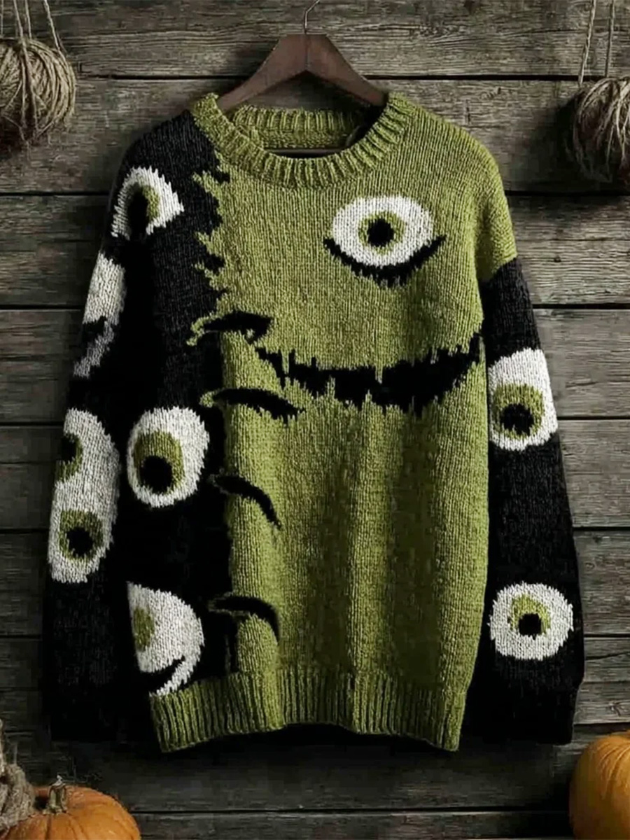 Vintage Halloween Eye Art Print Knit Pullover Sweater