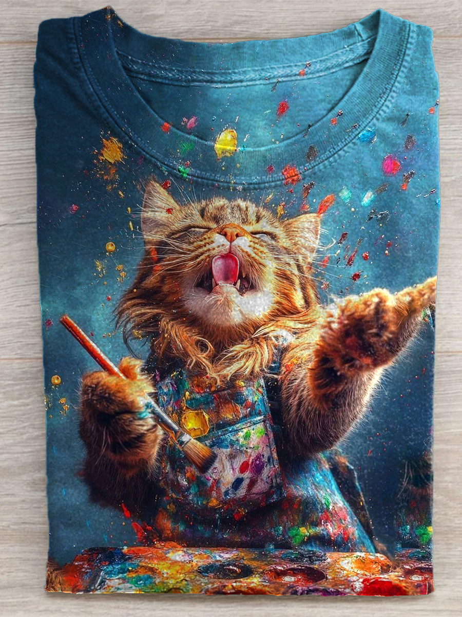 Fun Multicolor Cat Painter Paint Print T-shirt