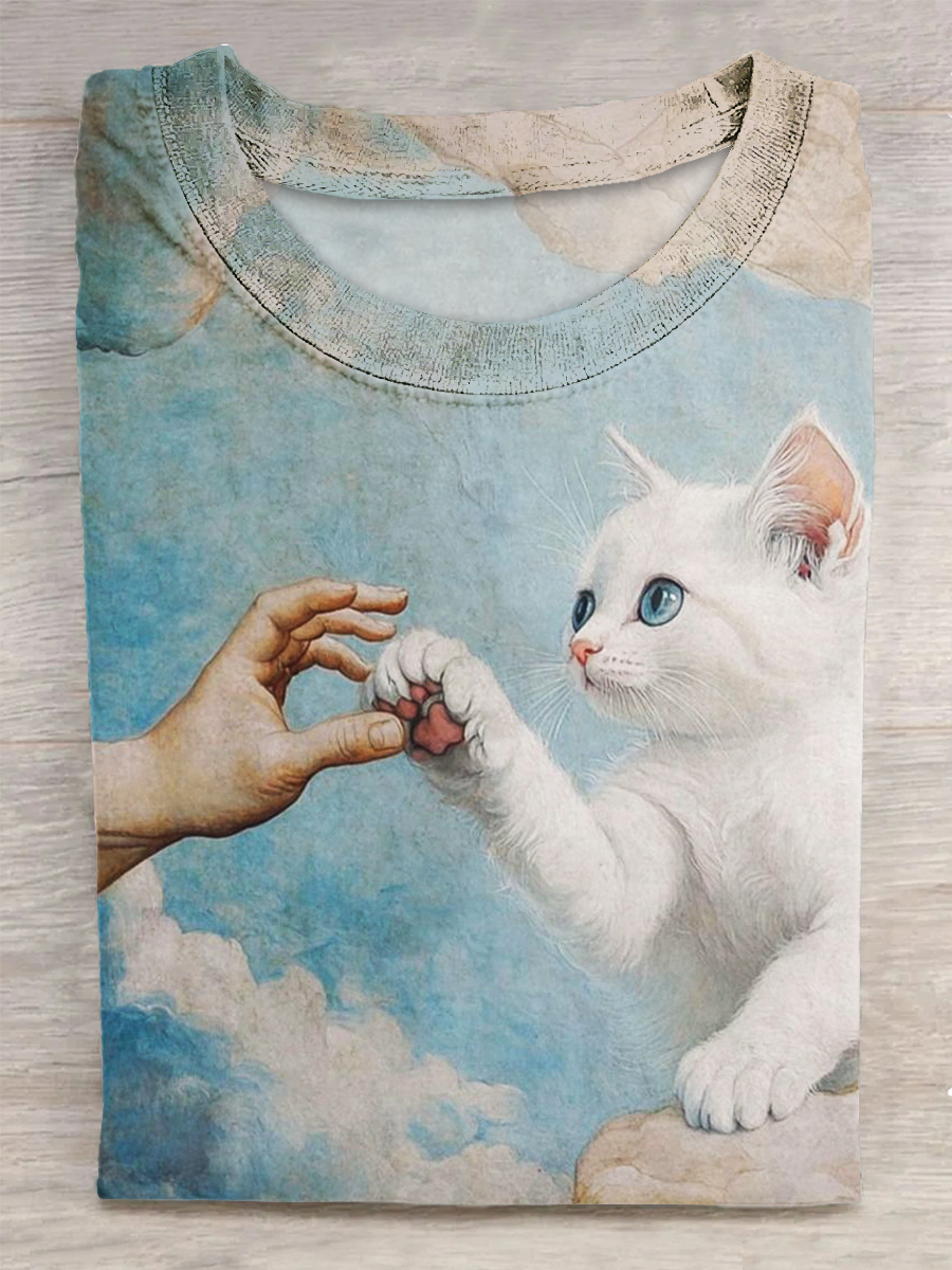 Cat Printed Vintage Fashion Loose Short Sleeve T-Shirt