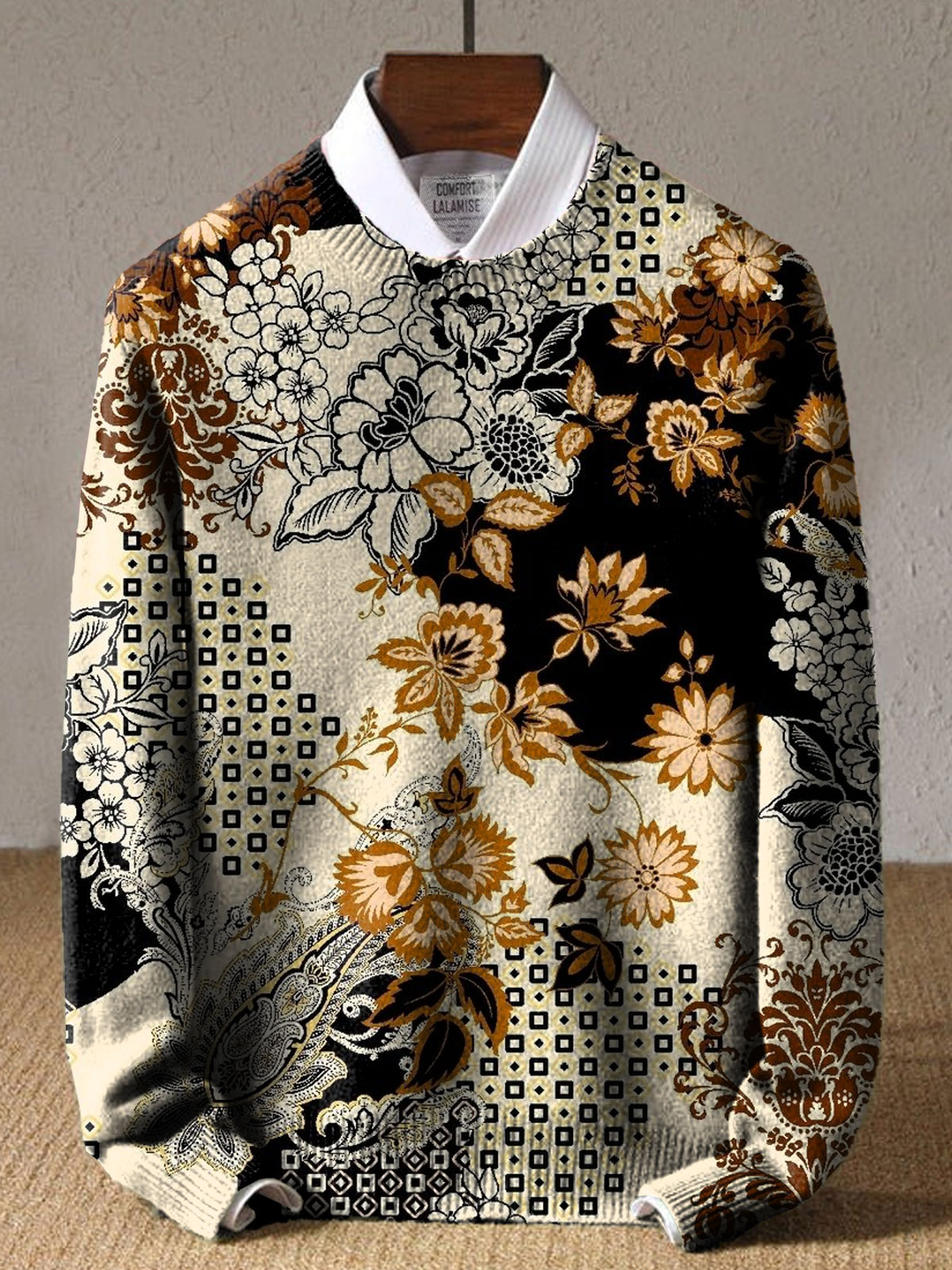 Vintage Classic Flower Art Print Knit Pullover Sweater