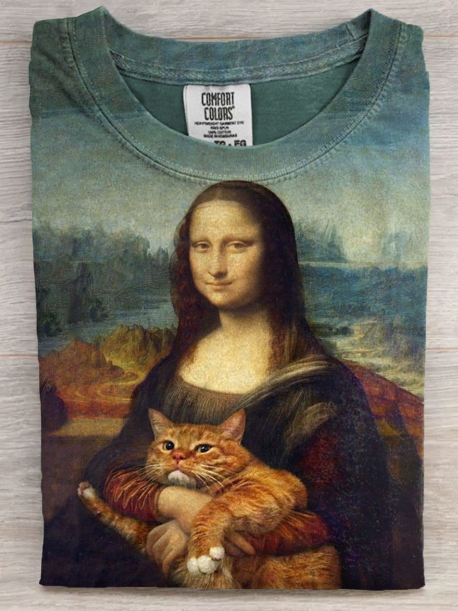 Vintage Funny Cat Art Print Casual Short Sleeve T-shirt