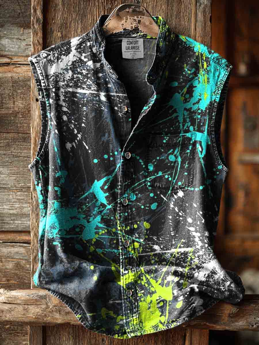 Abstrct Art Print Casual 100% Cotton Sleeveless Shirt