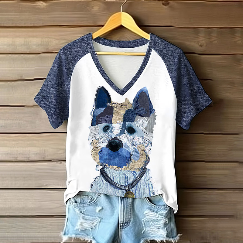 Women's Retro Funny Denim Patch Animal Dog Print Casual T-shirt