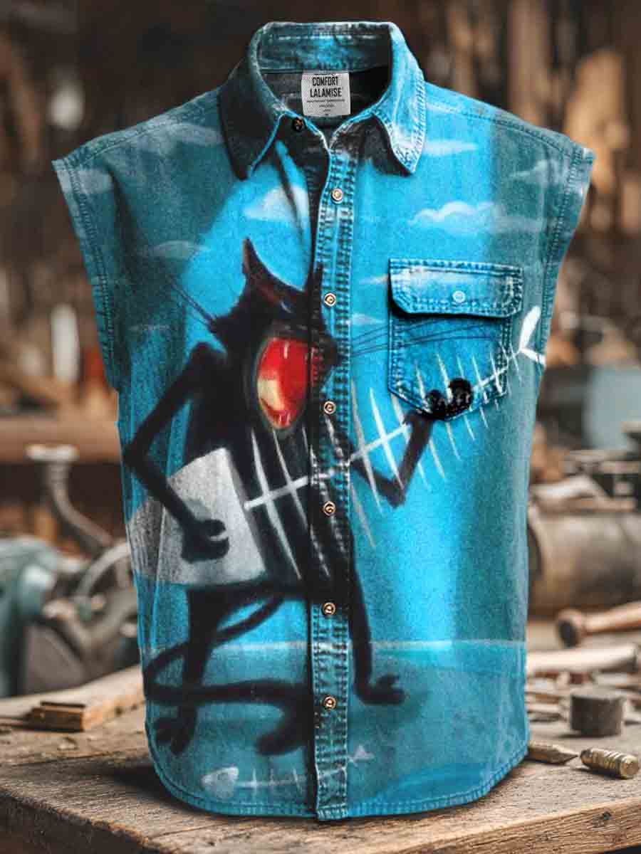 Funny Cat Art Print Casual Sleeveless Pocket Collar Shirt