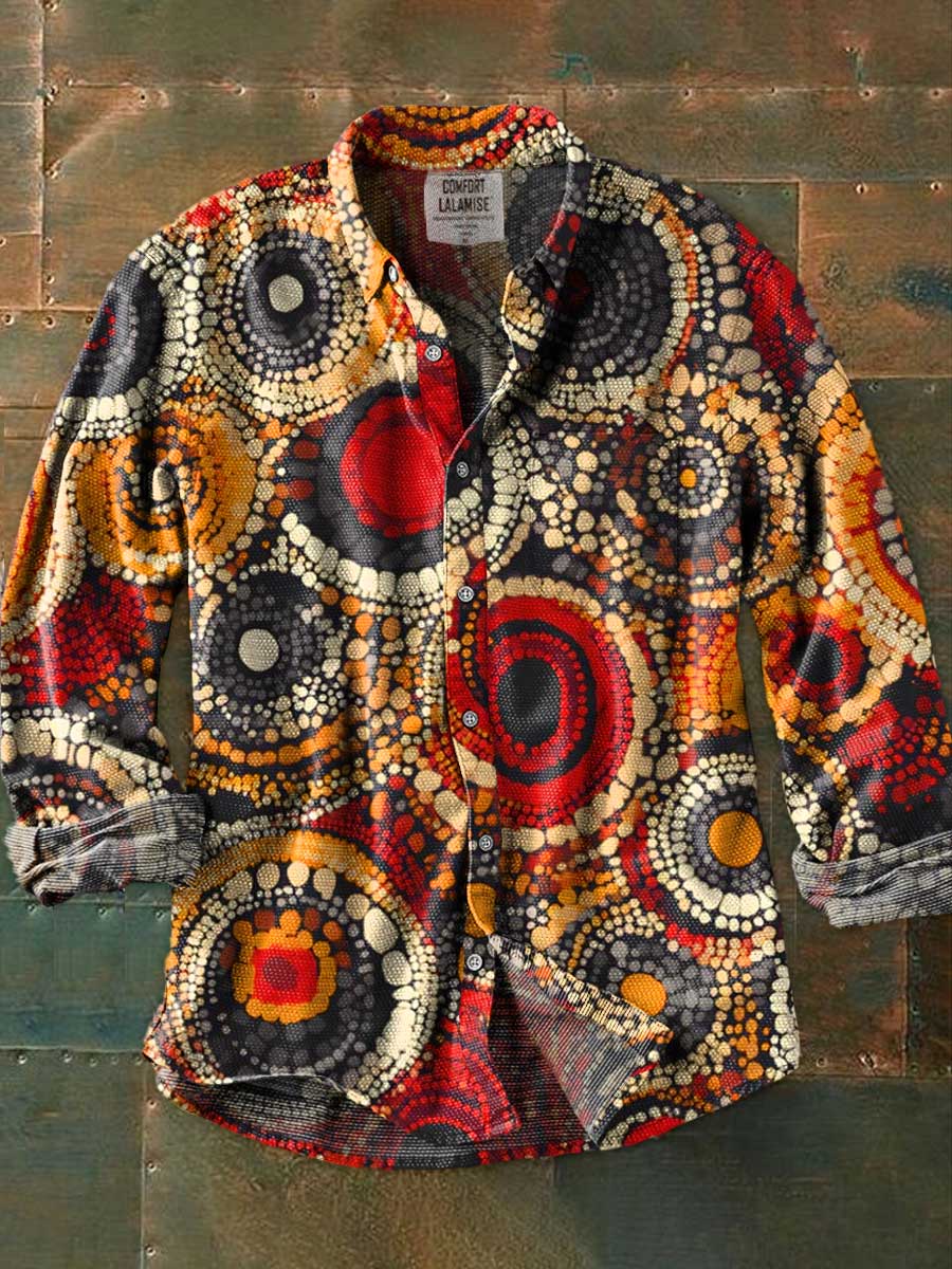 Vintage Aboriginal Circles and Dots Pattern Art Print 100% Cotton Long Sleeve Shirt