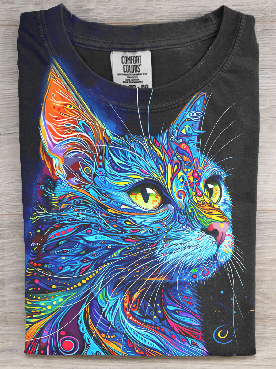 Psychedelic Cat Art Print Casaul Short Sleeve T-shirt