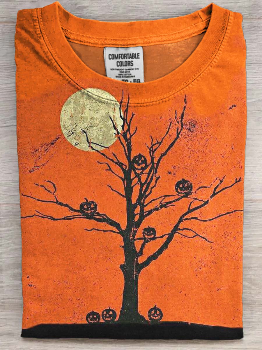 Halloween Pumpkin Tree Print Casual Short Sleeve T-Shirt