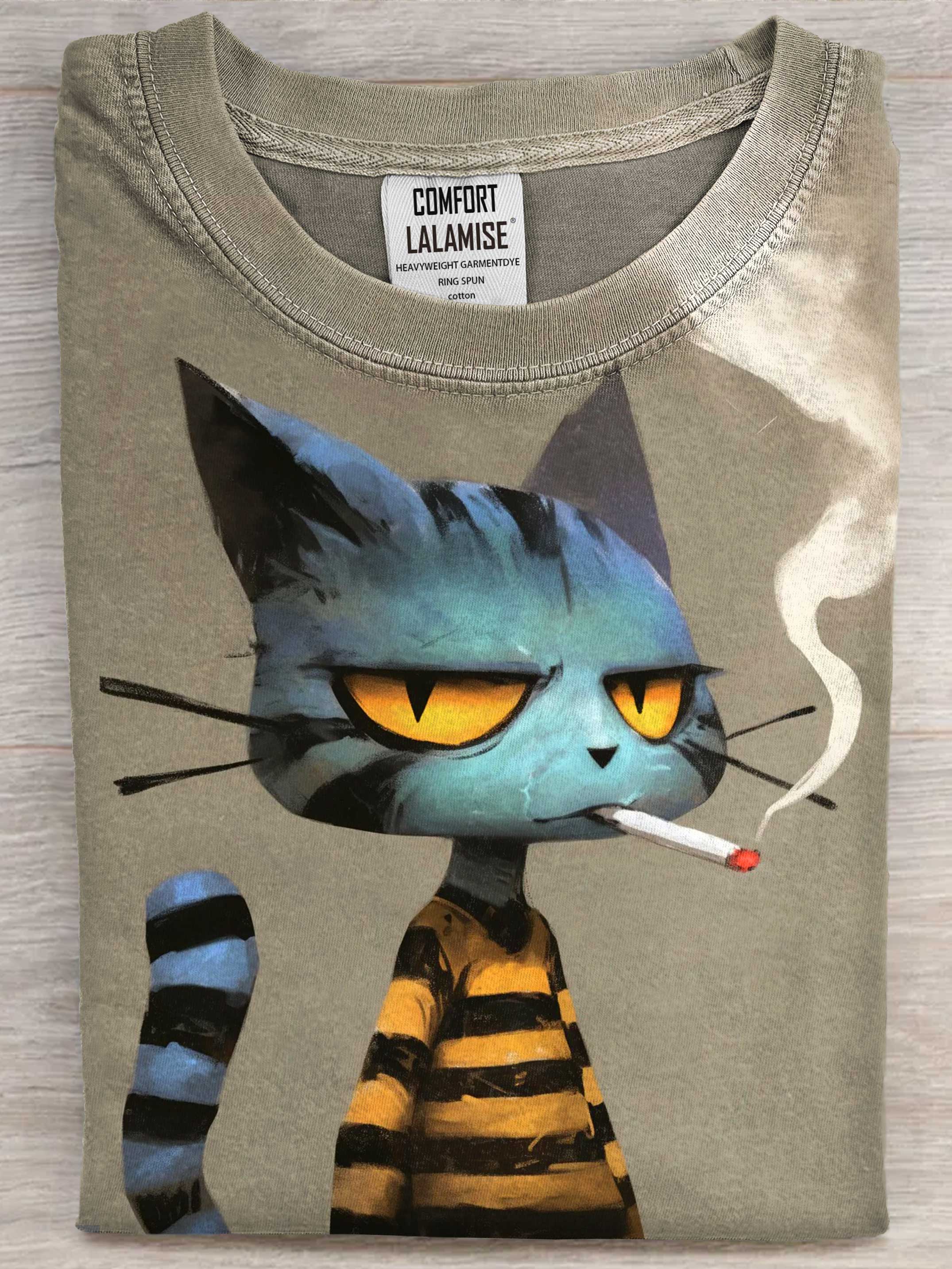 Funny Smoking Cat Art Print Casual Short Sleeve T-shirt